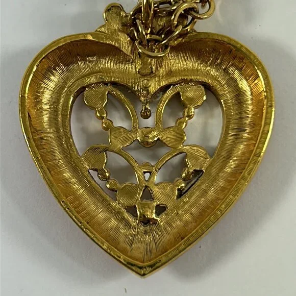 Vintage Avon Heart Pendant Necklace Gold Tone Faux Pearl Red Enamel Ornate Open